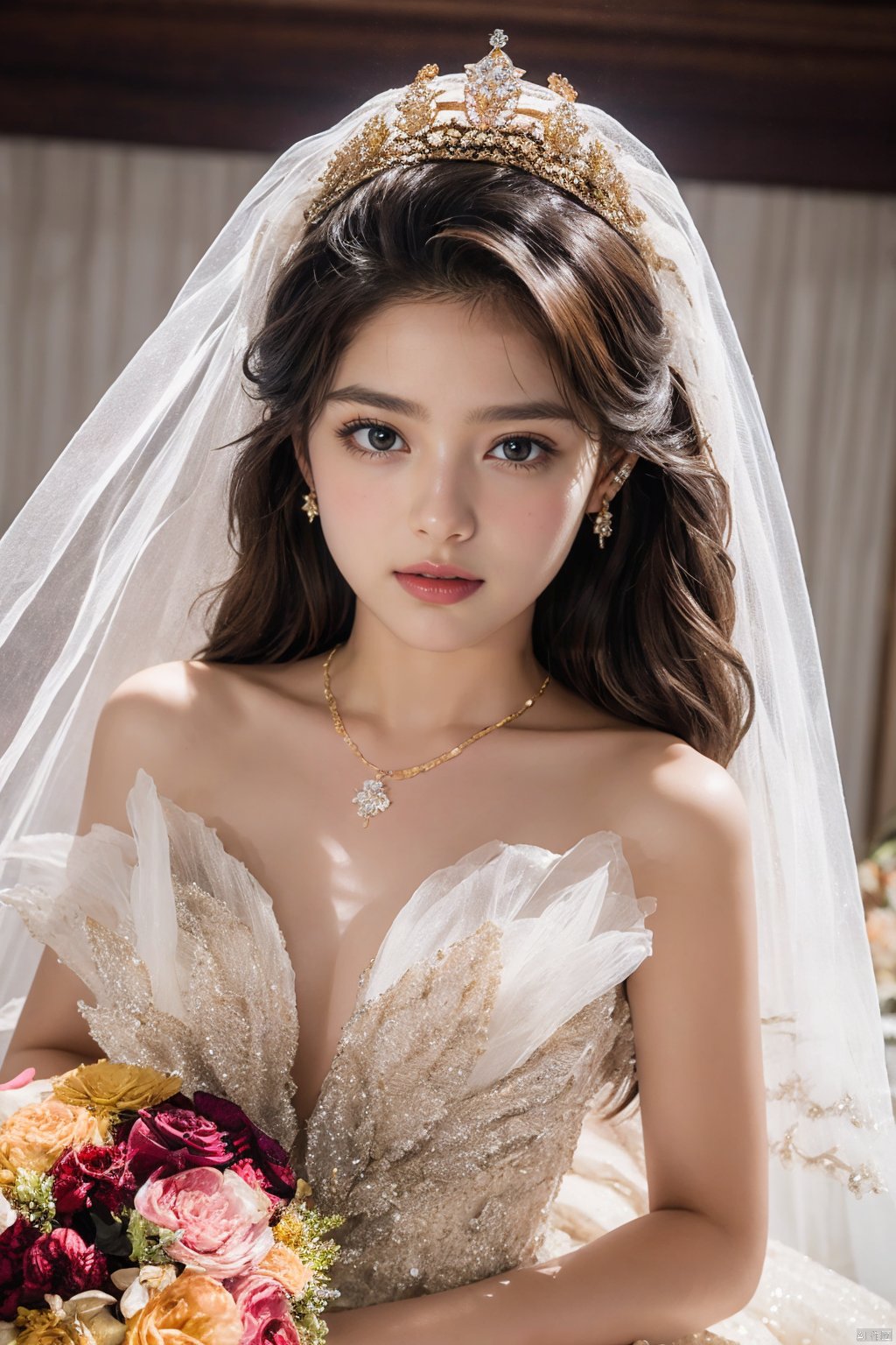  Ultra-clear 8k, real, night, smile, crown, necklace, perspective, hanger, nudity, diamonds, bridal veil, Golden wedding dress, 1 girl, 