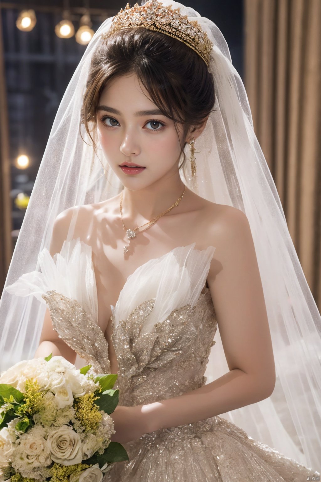  Ultra-clear 8k, real, night, smile, crown, necklace, perspective, hanger, nudity, diamonds, bridal veil, Golden wedding dress, 1 girl, 