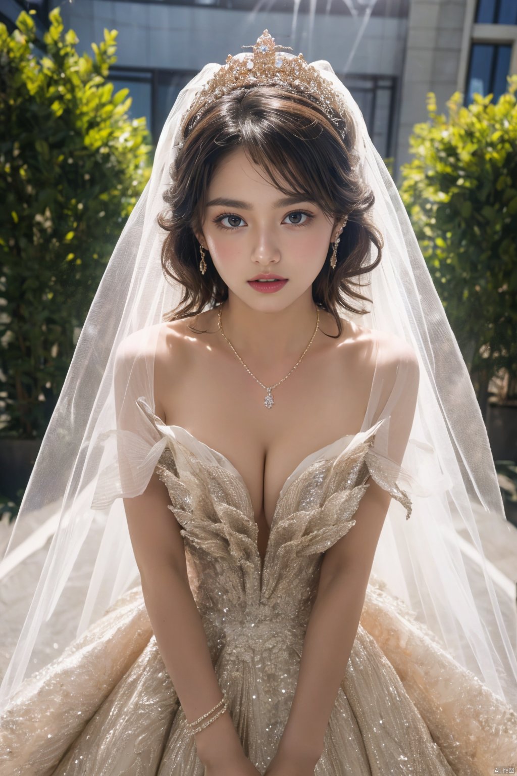  Ultra-clear 8k, real, night, smile, crown, necklace, perspective, hanger, nudity, diamonds, bridal veil, Golden wedding dress, 1 girl, 