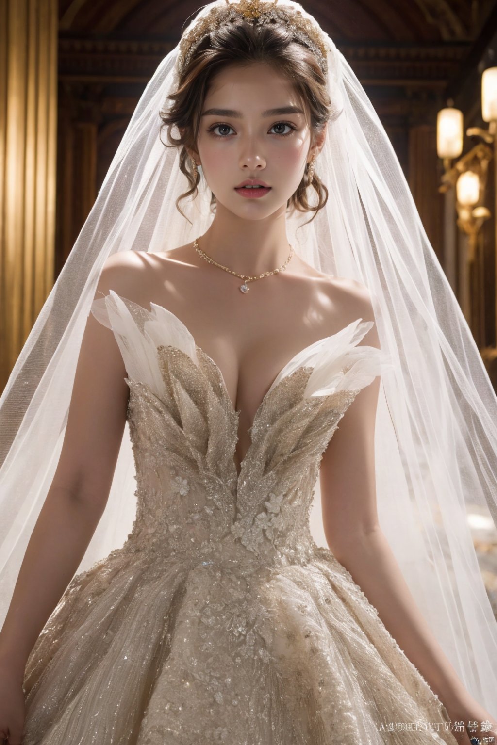  Ultra-clear 8k, real, night, smile, crown, necklace, perspective, hanger, nudity, diamonds, bridal veil, Golden wedding dress, 1 girl, 