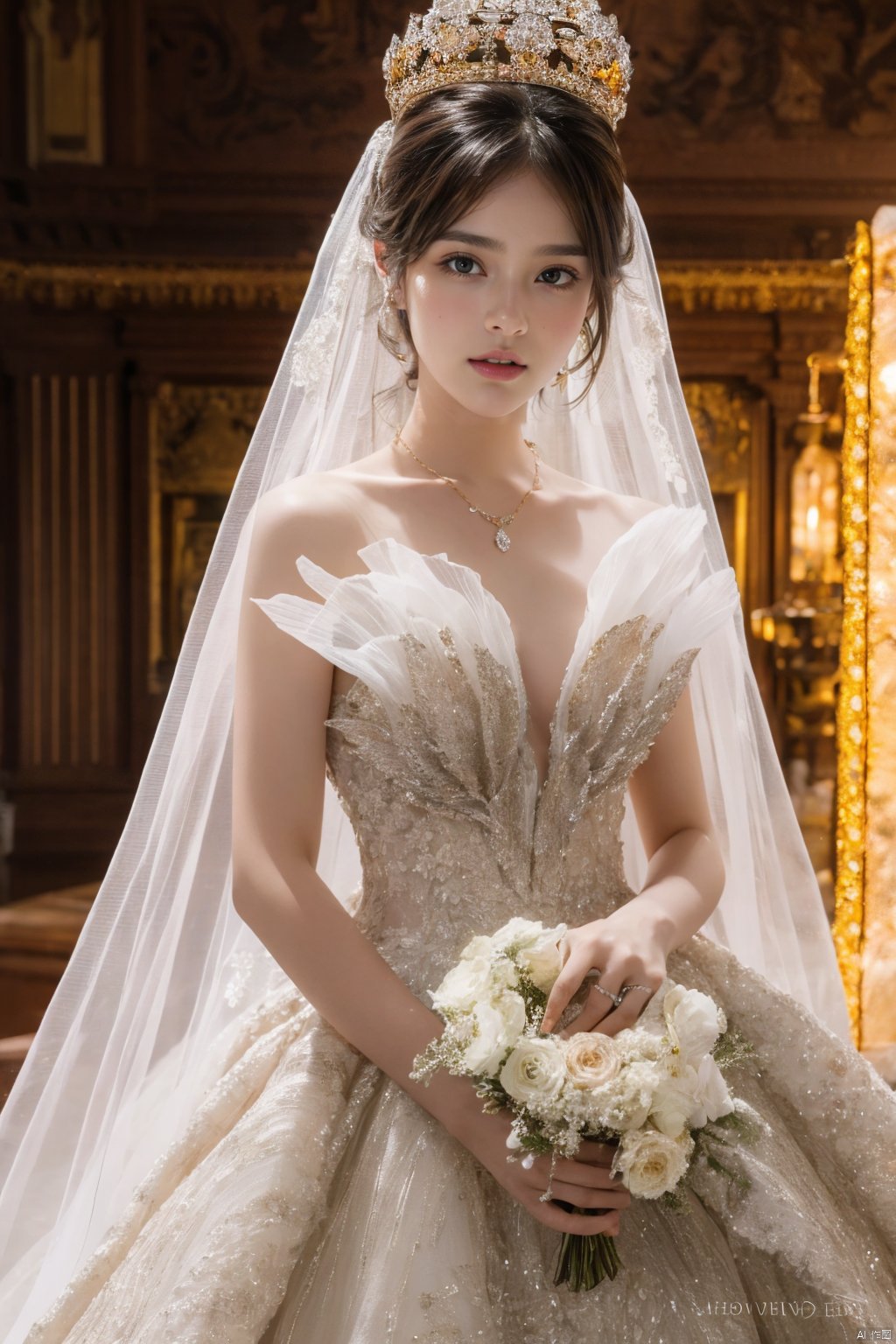  Ultra-clear 8k, real, night, smile, crown, necklace, perspective, hanger, nudity, diamonds, bridal veil, Golden wedding dress, 1 girl, 