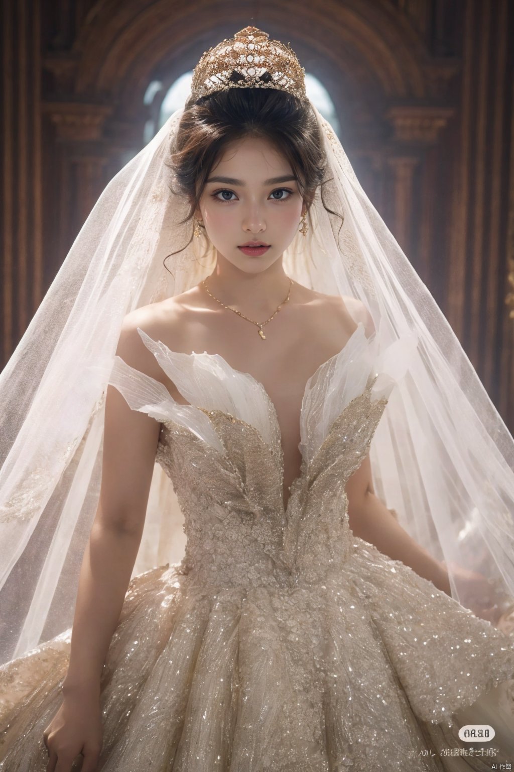  Ultra-clear 8k, real, night, smile, crown, necklace, perspective, hanger, nudity, diamonds, bridal veil, Golden wedding dress, 1 girl, 