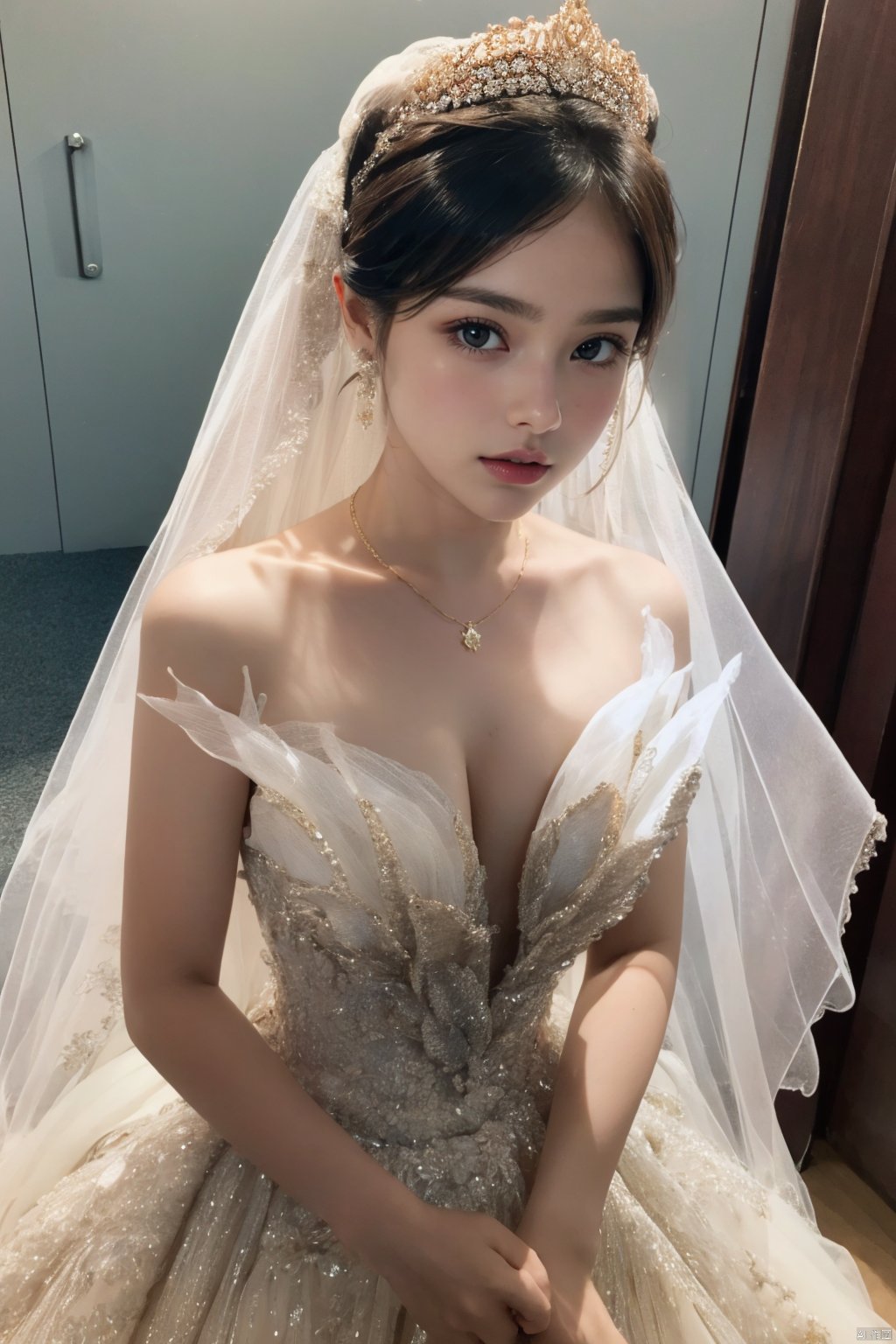  Ultra-clear 8k, real, night, smile, crown, necklace, perspective, hanger, nudity, diamonds, bridal veil, Golden wedding dress, 1 girl, 