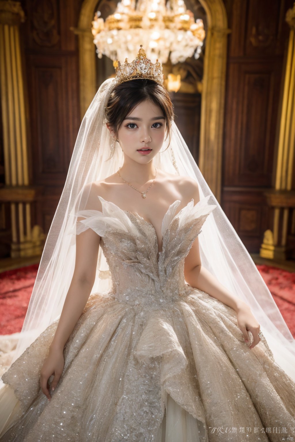  Ultra-clear 8k, real, night, smile, crown, necklace, perspective, hanger, nudity, diamonds, bridal veil, Golden wedding dress, 1 girl, 