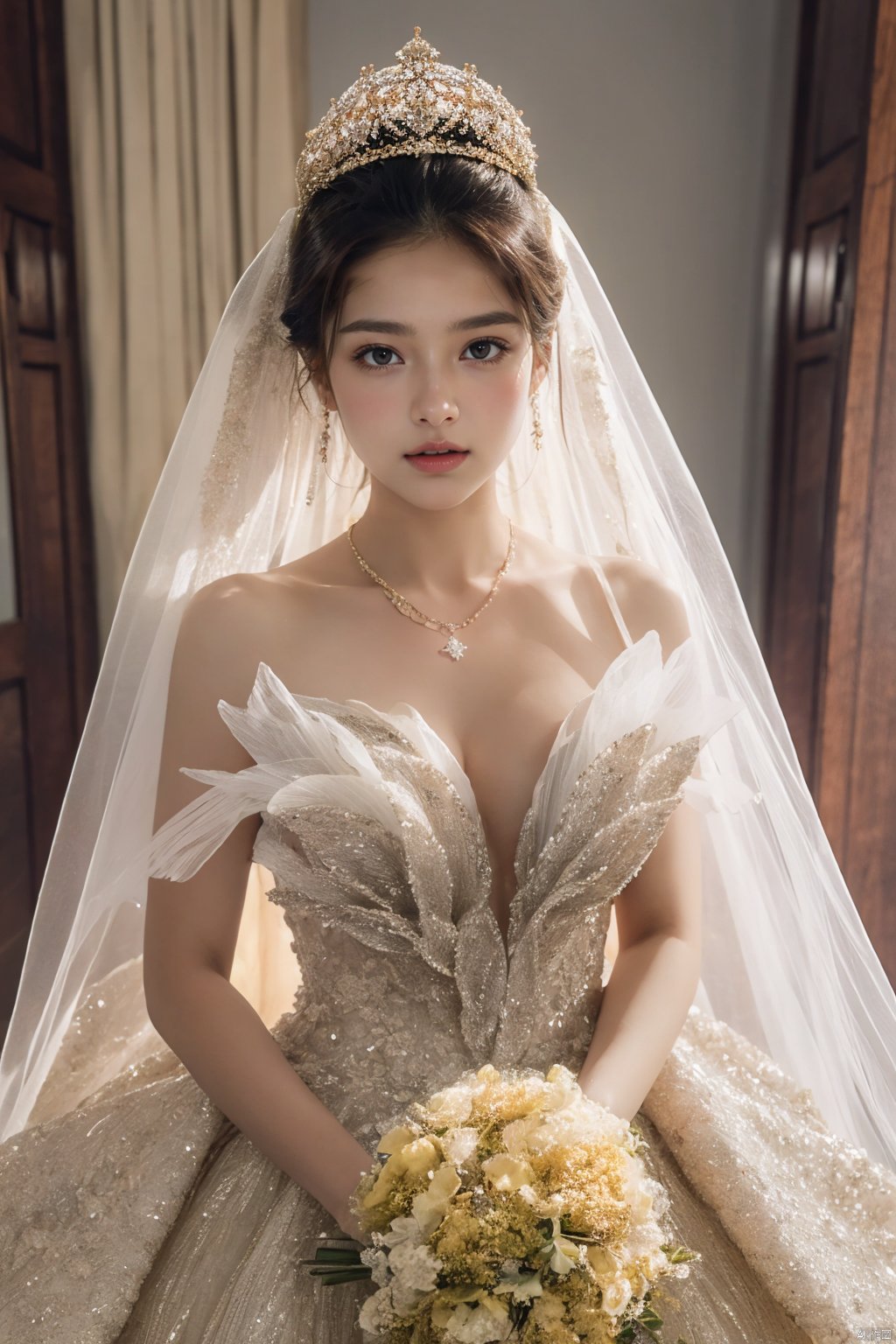  Ultra-clear 8k, real, night, smile, crown, necklace, perspective, hanger, nudity, diamonds, bridal veil, Golden wedding dress, 1 girl, 