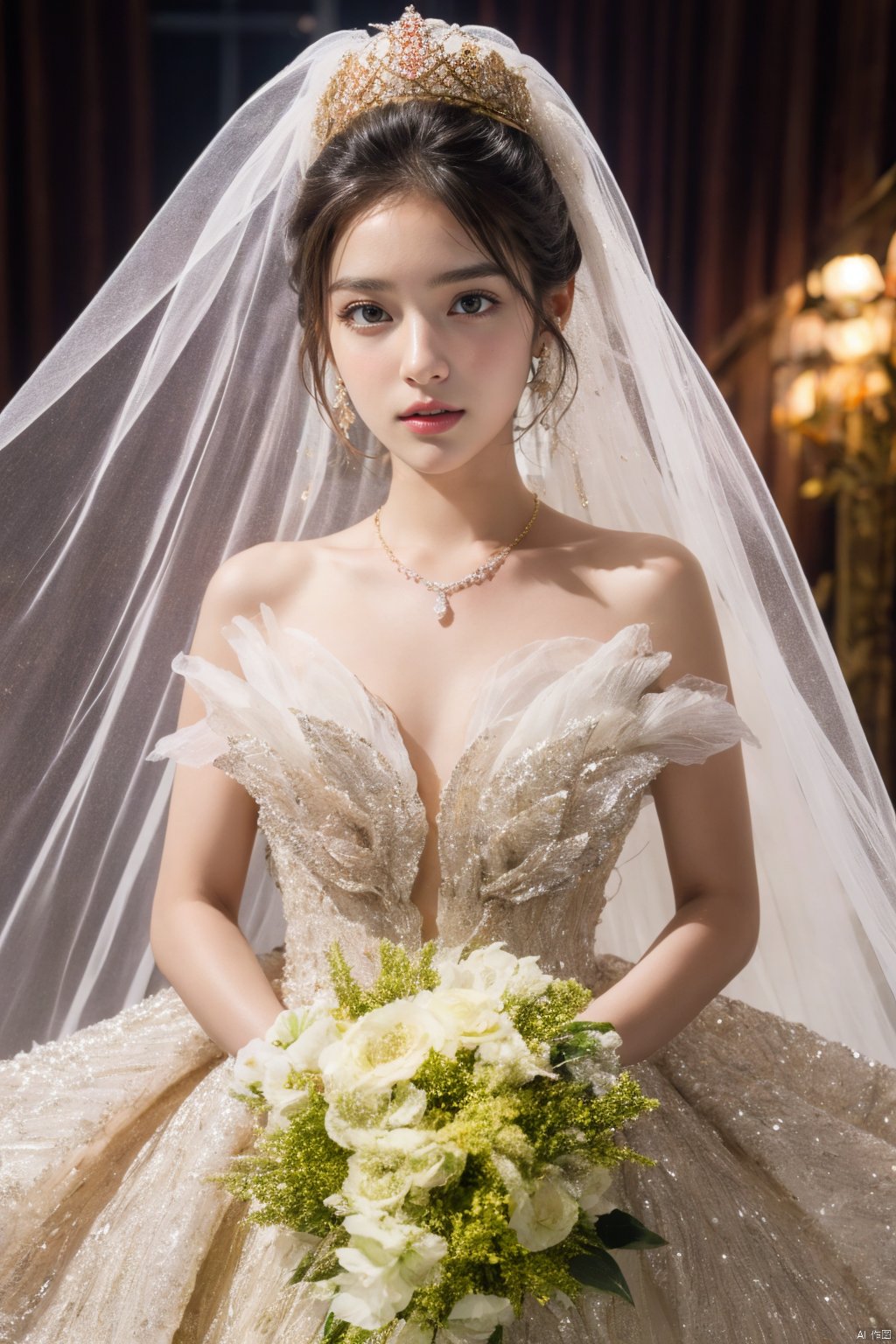  Ultra-clear 8k, real, night, smile, crown, necklace, perspective, hanger, nudity, diamonds, bridal veil, Golden wedding dress, 1 girl, 