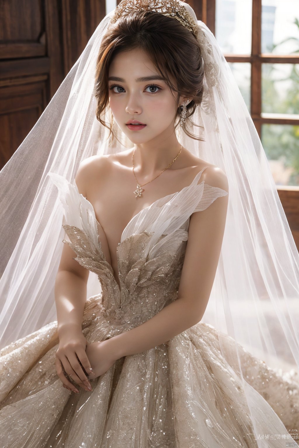  Ultra-clear 8k, real, night, smile, crown, necklace, perspective, hanger, nudity, diamonds, bridal veil, Golden wedding dress, 1 girl, 