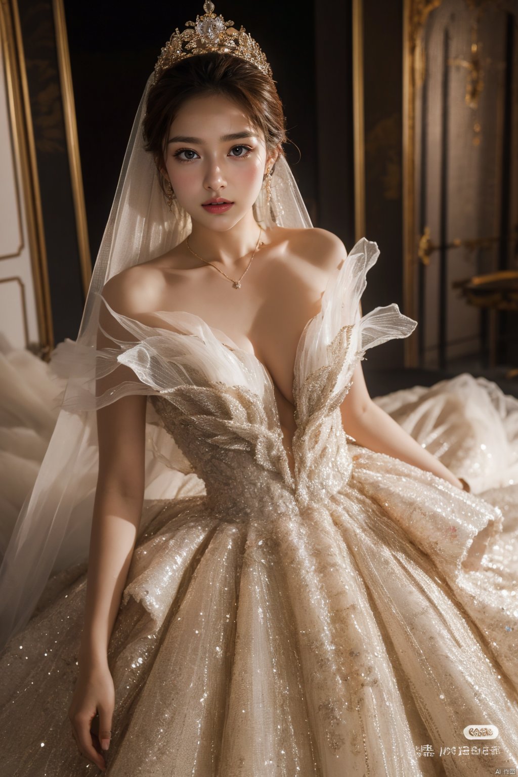  Ultra-clear 8k, real, night, smile, crown, necklace, perspective, hanger, nudity, diamonds, bridal veil, Golden wedding dress, 1 girl, 