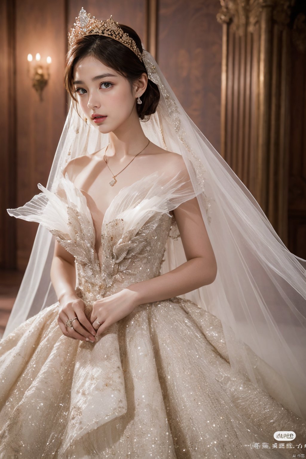  Ultra-clear 8k, real, night, smile, crown, necklace, perspective, hanger, nudity, diamonds, bridal veil, Golden wedding dress, 1 girl, 