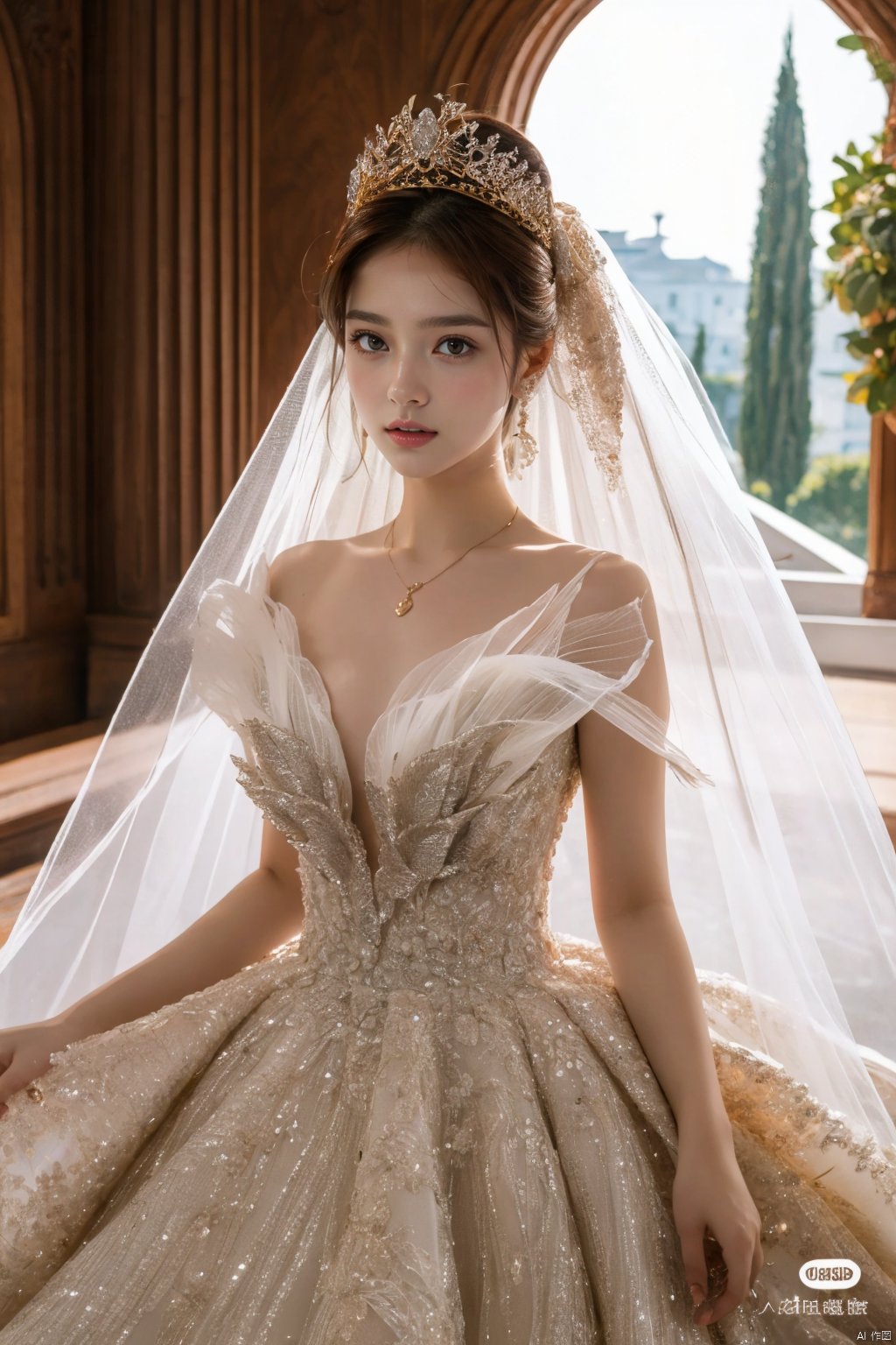  Ultra-clear 8k, real, night, smile, crown, necklace, perspective, hanger, nudity, diamonds, bridal veil, Golden wedding dress, 1 girl, 