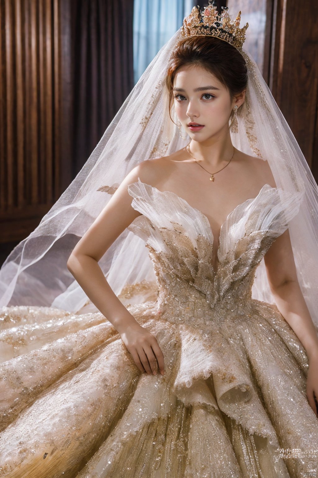  Ultra-clear 8k, real, night, smile, crown, necklace, perspective, hanger, nudity, diamonds, bridal veil, Golden wedding dress, 1 girl, 