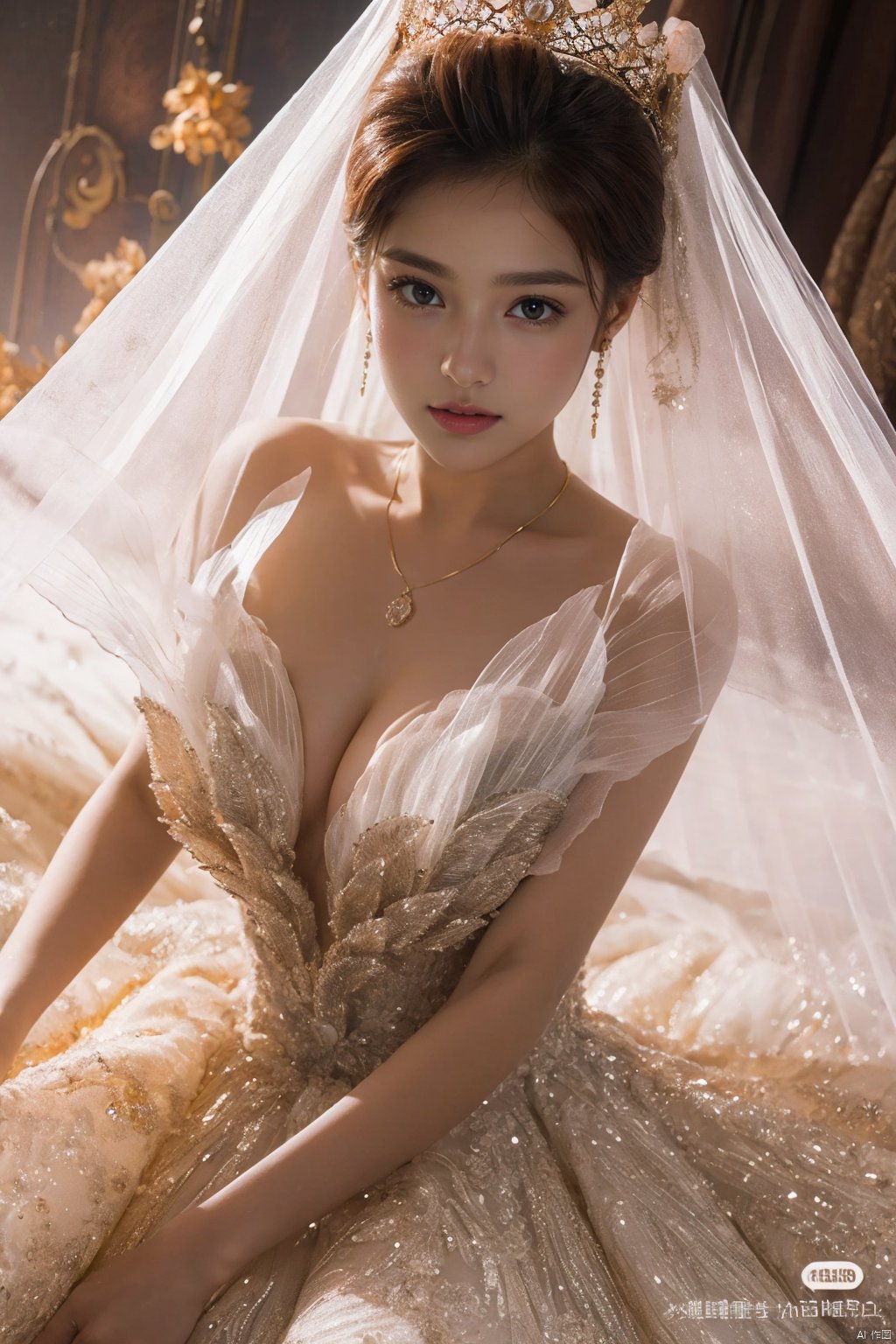  Ultra-clear 8k, real, night, smile, crown, necklace, perspective, hanger, nudity, diamonds, bridal veil, Golden wedding dress, 1 girl, 