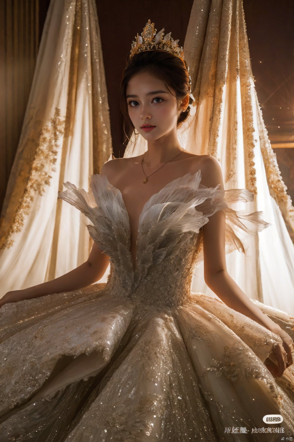  Ultra-clear 8k, real, night, smile, crown, necklace, perspective, hanger, nudity, diamonds, bridal veil, Golden wedding dress, 1 girl, 