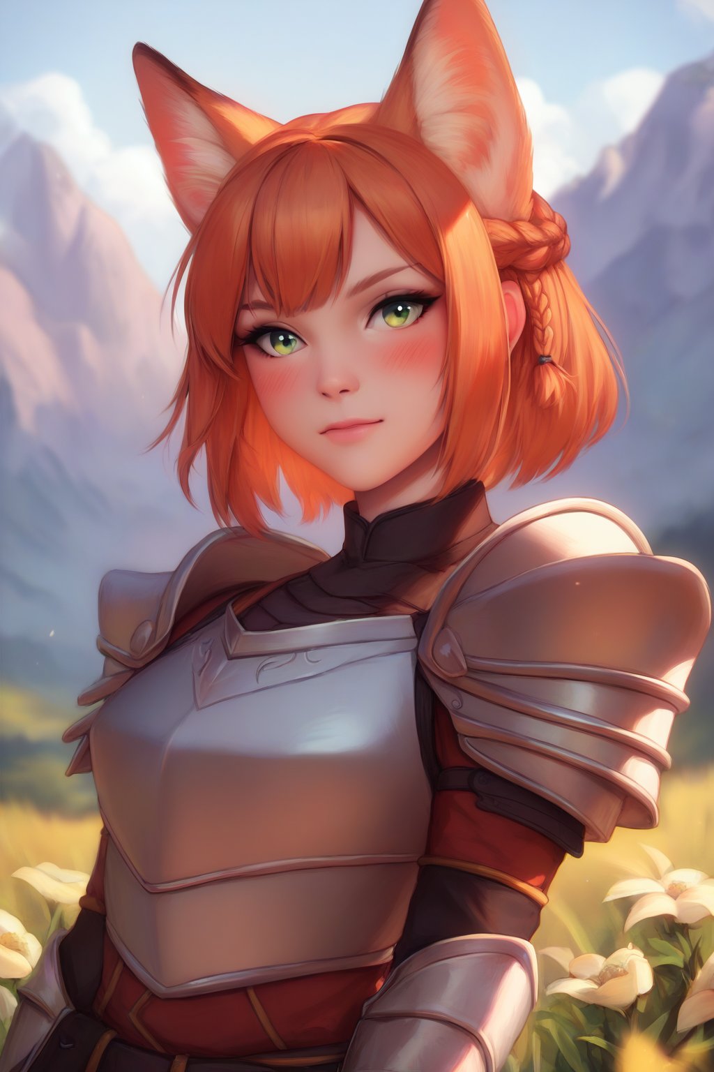 score_9, score_8_up, score_7_up, score_6_up, score_5_up, score_4_up, BREAK rating_safe, fox, braid,  outdoors, armor, solo, green eyes, mountain, orange hair, looking at viewer, shoulder armor, short hair, breastplate, upper body, day, sky, closed mouth, flower, blush, pauldrons, mountainous horizon, bangs, blue sky, grass