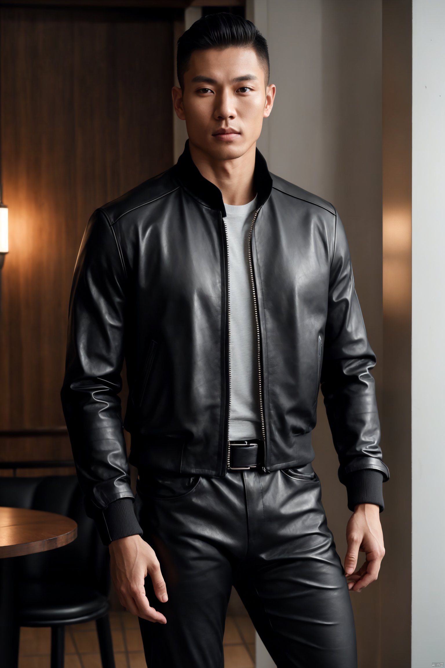  1man,solo,male focus,asian,exquisite facial features,handsome,muscular,zipper jacket,slim fit leather pants,belt,bulge,standing,in cafe,dimly lit,(masterpiece, realistic, best quality, highly detailed,profession),jzns,brxu