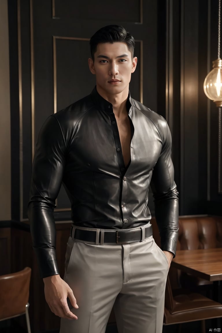  1man,solo,male focus,asian,exquisite facial features,handsome,muscular,superman uniform under open shirt,slim fit leather pants,belt,bulge,standing,in cafe,dimly lit,(masterpiece, realistic, best quality, highly detailed,profession),jzns,brxu