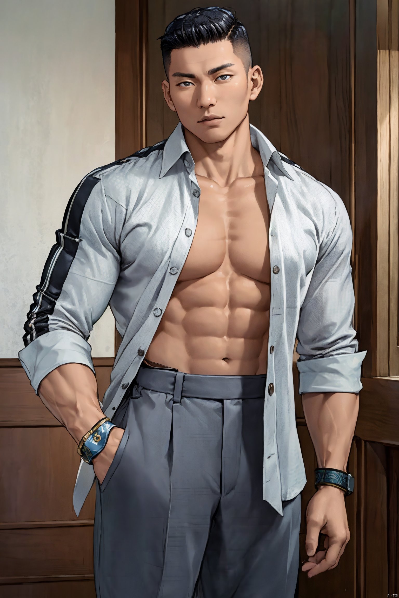  1man,Asian,solo,male focus,exquisite facial features,handsome,charming,muscular,open shirt,(armband),pants,masterpiece,realistic,best quality,highly detailed, jzns, ,flm,brxu