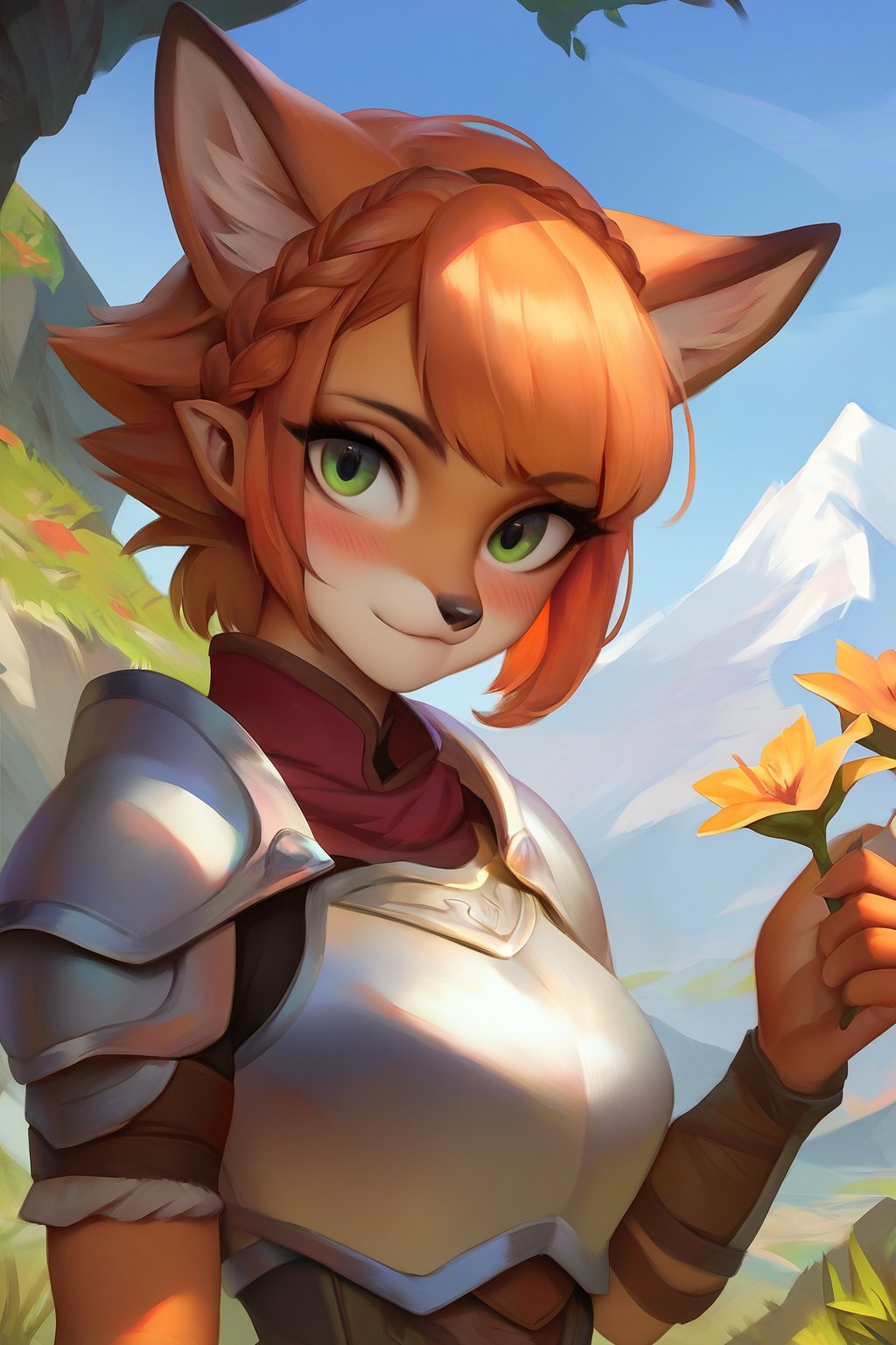 score_9, score_8_up, score_7_up, score_6_up, score_5_up, score_4_up, BREAK rating_safe, fox, braid,  outdoors, armor, solo, green eyes, mountain, orange hair, looking at viewer, shoulder armor, short hair, breastplate, upper body, day, sky, closed mouth, flower, blush, pauldrons, mountainous horizon, bangs, blue sky, grass