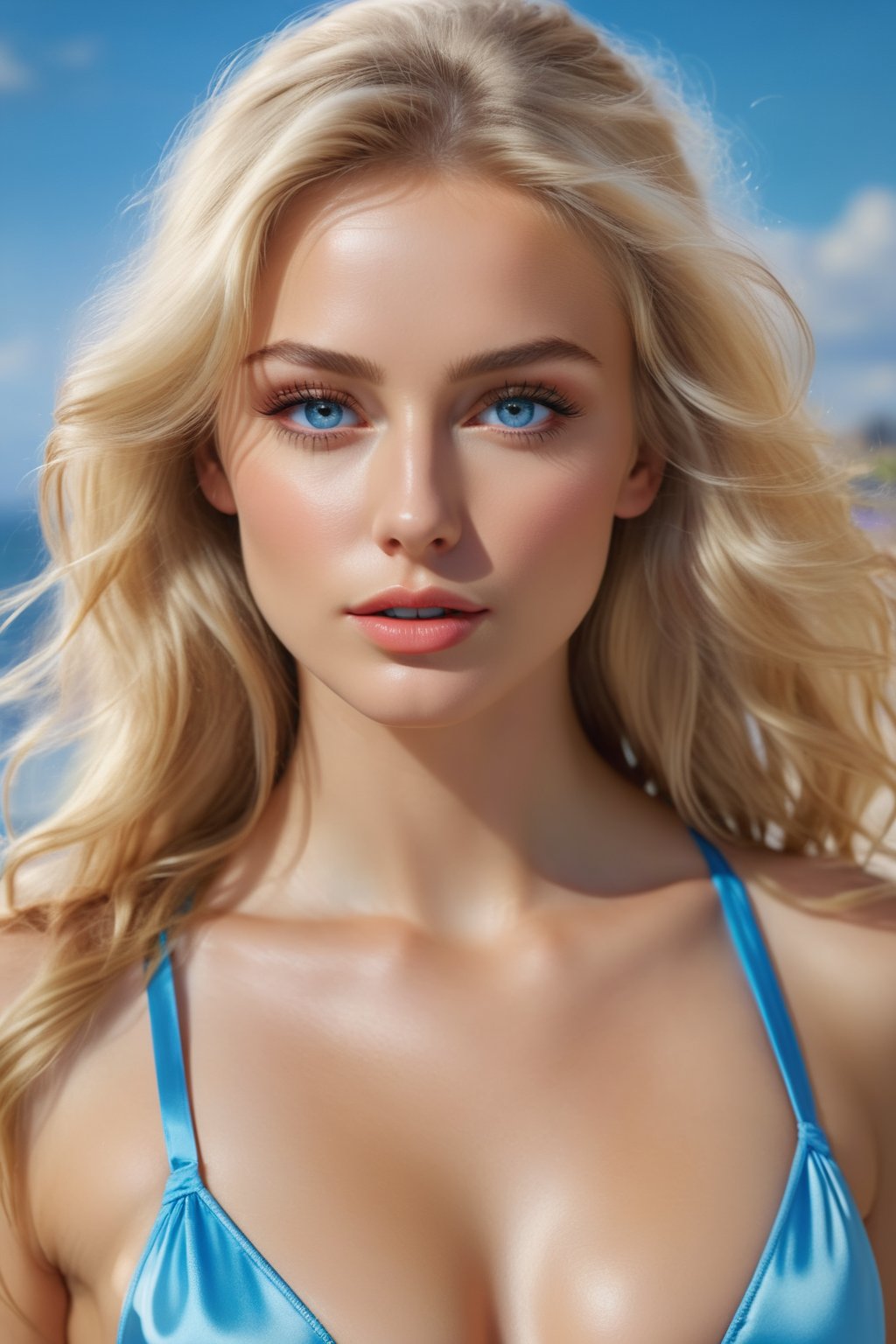 Masterpiece, best quality, Photorealistic image, full body portrait:1.1, russian, long messy  blonde hair, light blue eyes, symmetric iris, soft lipgloss, eyelashes, pointy nose, Silk micro bikini, oily skin, skin shine, 