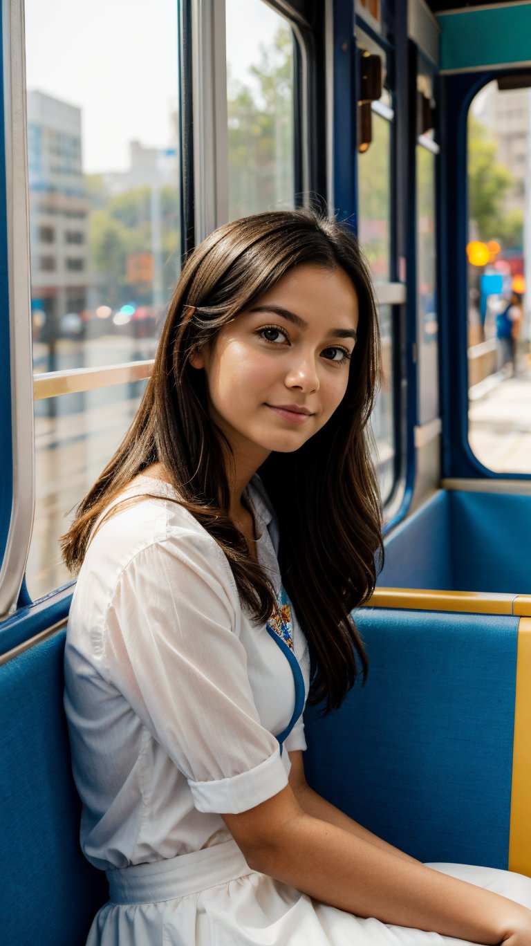 cute girl sitting on a bus, natural lighting from window, 35mm lens, soft and subtle lighting, girl centered in frame, shoot from eye level, incorporate cool and calming colors, yuri