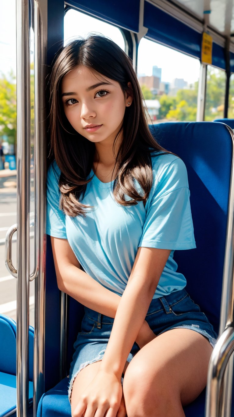 cute girl sitting on a bus, natural lighting from window, 35mm lens, soft and subtle lighting, girl centered in frame, shoot from eye level, incorporate cool and calming colors