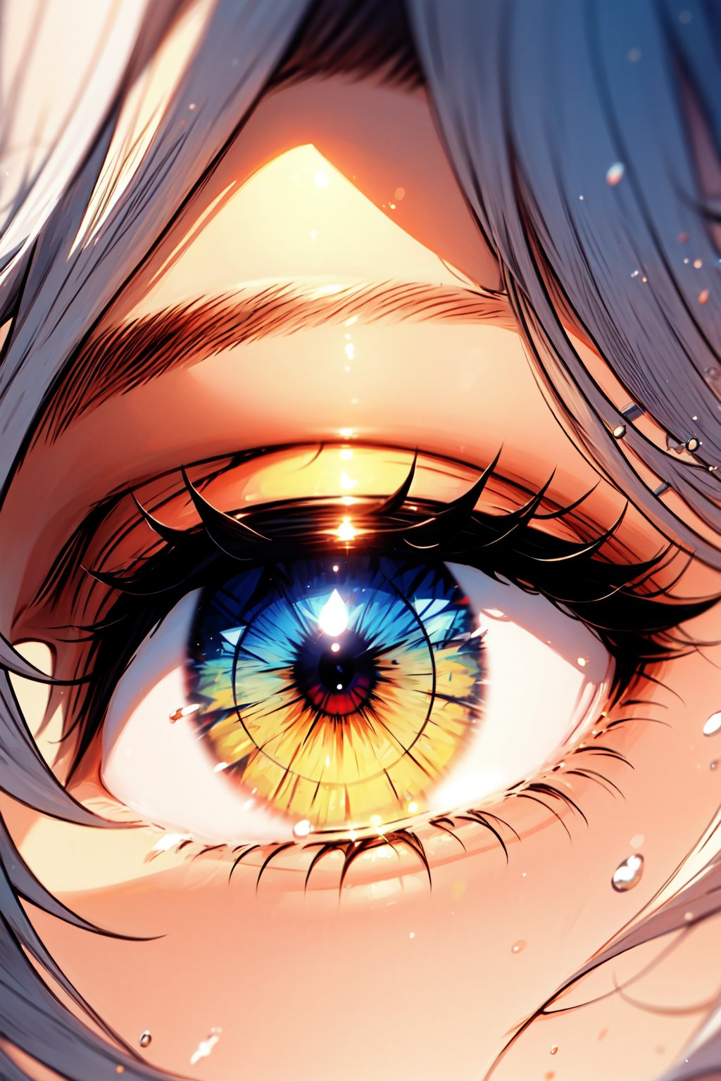 beautiful and detailed iris of the eyes, heterochromia (one green eye and one purple eye) iris, image focused only on the character's gaze, Beautiful eyes