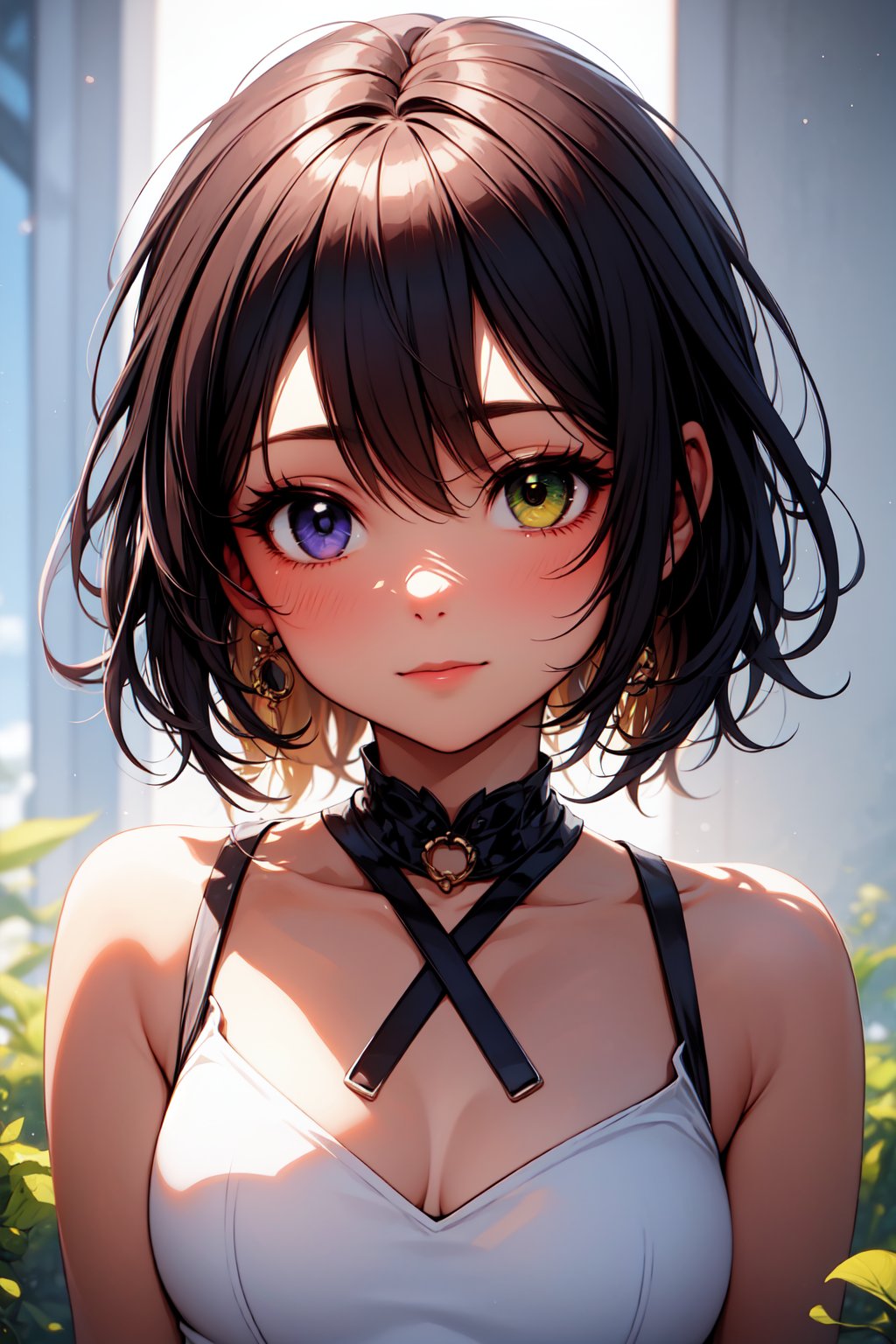 beautiful and charming girl, heterochromia (one green eye and one purple eye) iris, image focused only on the character's gaze, Beautiful eyes