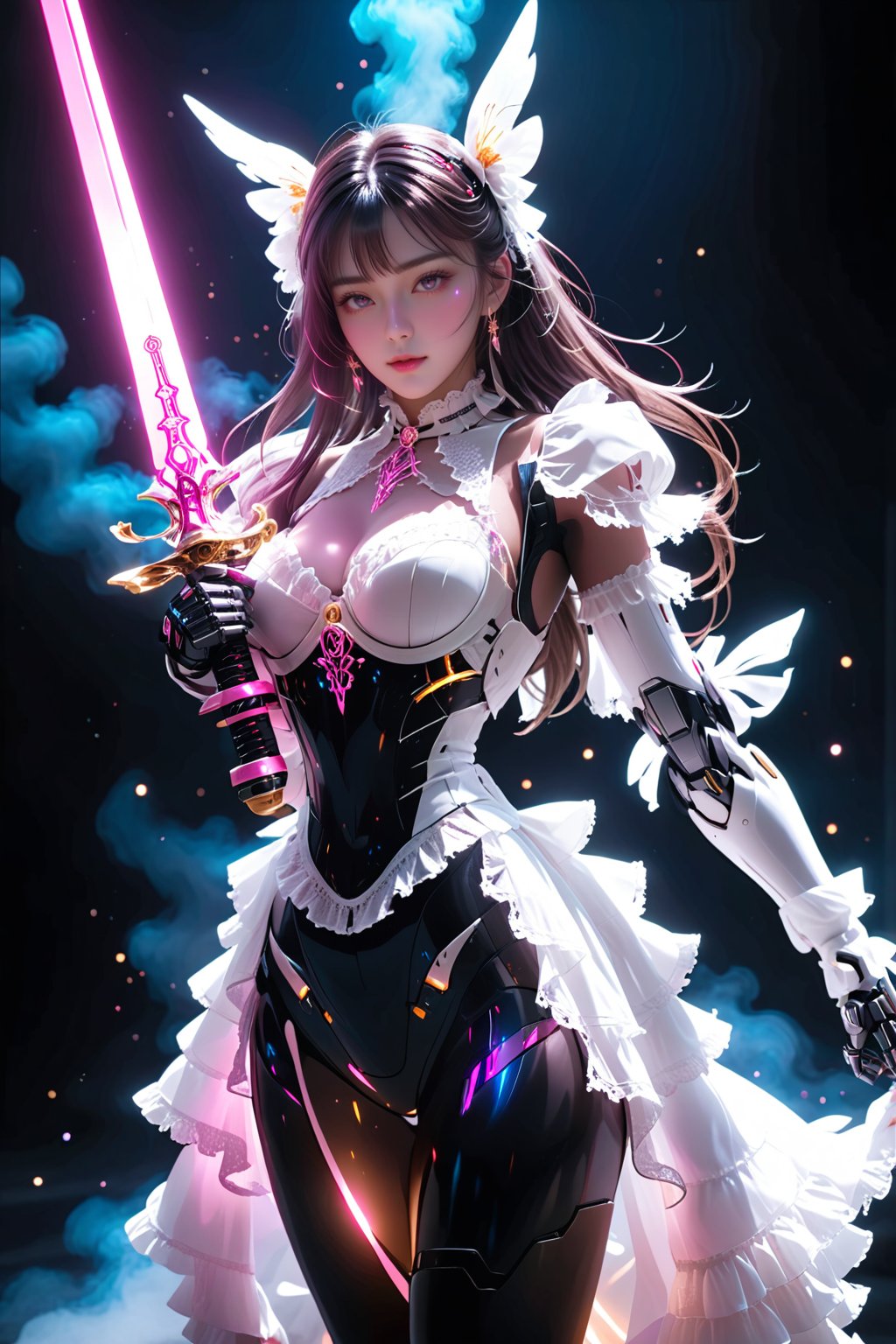 masterpiece, best quality, ultra-detailed, best shadow, detailed background,dark fantasy, mecha\(hubggirl)\,

hubggirl with White Lolita outfit ,holding a glowing pink sword upwards,

dynamic poses, particle effects, perfect hands,
beautiful detailed face, high contrast, best illumination, an extremely delicate and beautiful, 
cinematic light, colorful, hyper detail, dramatic light, intricate details,