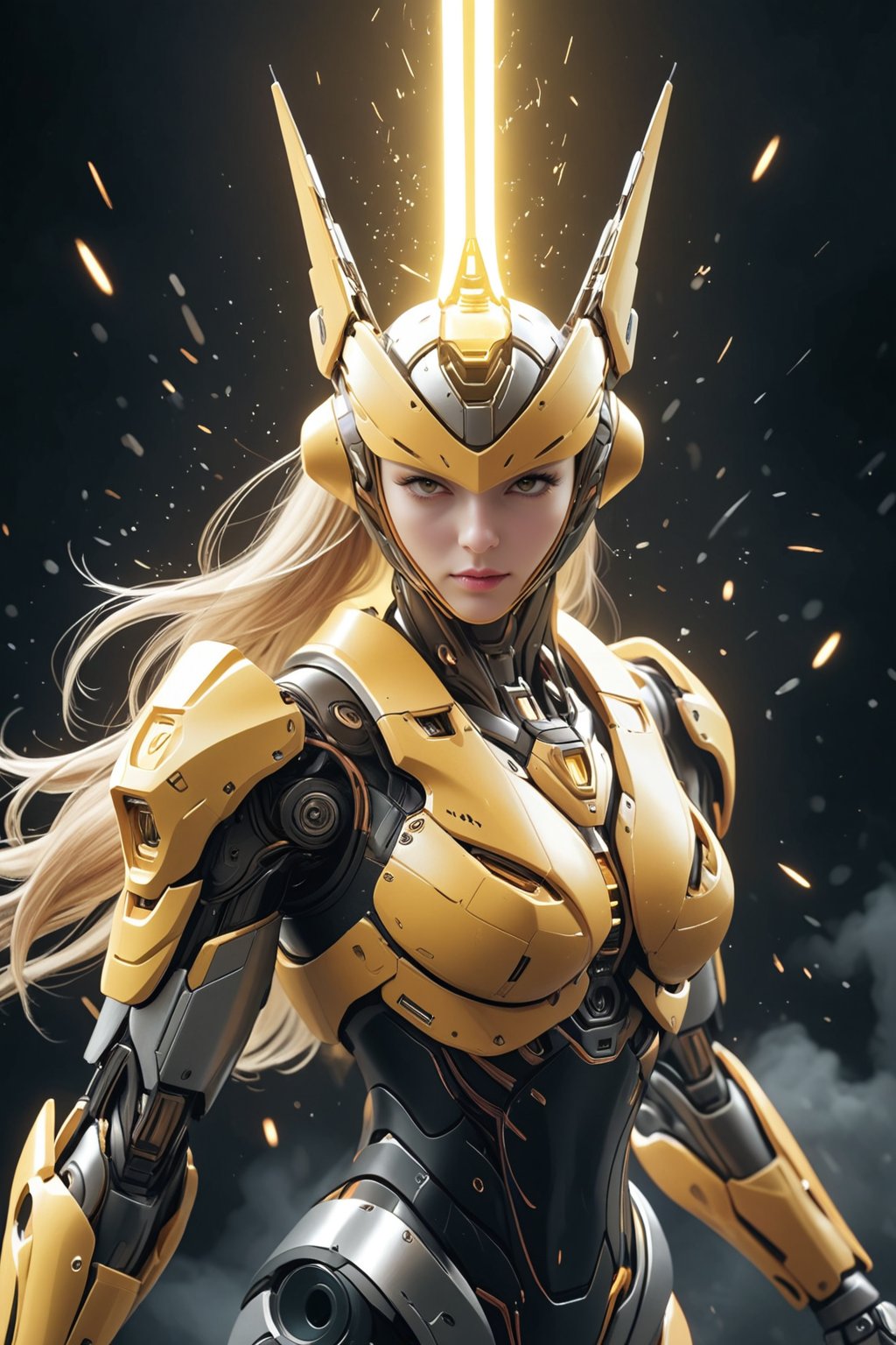 (ultra realistic,best quality),photorealistic,Extremely Realistic, in depth, cinematic light,mecha\(hubggirl)\,

front view of a white and yellow female robot soldier, holding a glowing yellow sword downwards with both hands, 

dynamic poses, particle effects, 
perfect hands, perfect lighting, vibrant colors, 
intricate details, high detailed skin, 
intricate background, realism, realistic, raw, analog, taken by Canon EOS,SIGMA Art Lens 35mm F1.4,ISO 200 Shutter Speed 2000,Vivid picture,