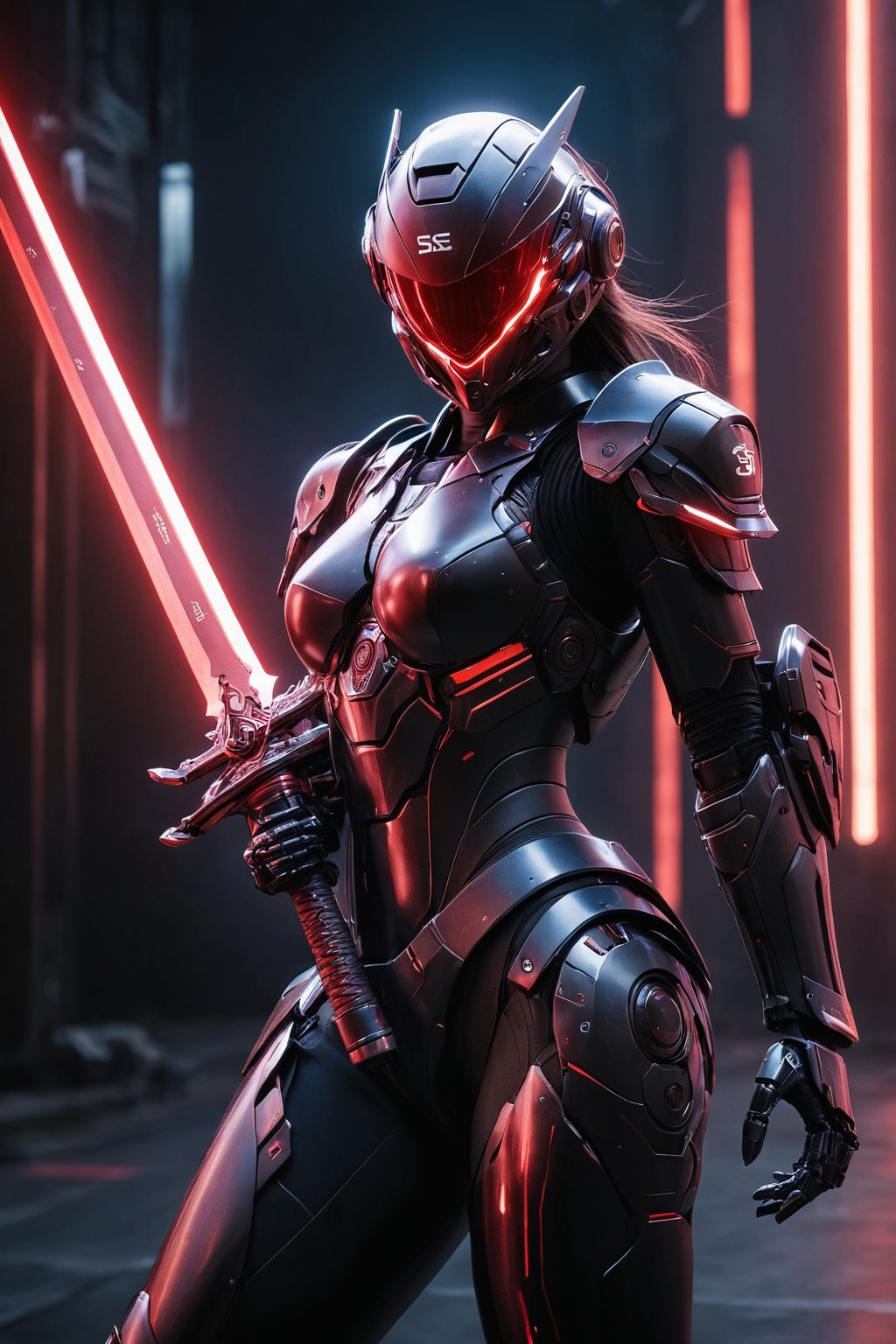 (ultra realistic,best quality),photorealistic,Extremely Realistic, in depth, cinematic light,mecha\(hubggirl)\,

a female robot soldier, holding two glowing red swords with both hands, dynamic poses, dark background,

particle effects, perfect hands, perfect lighting, vibrant colors, 
intricate details, high detailed skin, 
intricate background, realism, realistic, raw, analog, taken by Canon EOS,SIGMA Art Lens 35mm F1.4,ISO 200 Shutter Speed 2000,Vivid picture,