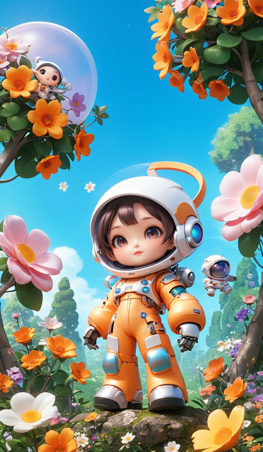 3D IP\(hubgstyle)\,
masterpiece, best quality,8K,official art, ultra high res, 1girl,chibi, full body, robot, astronauts outdoors, flowers, trees,