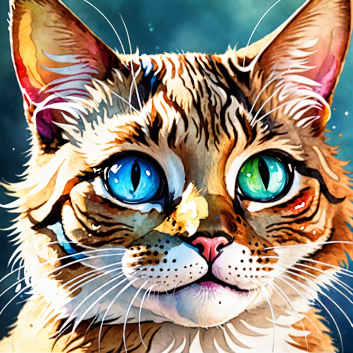 wtrcolor style, digital art of (Cat character), official art, front, smile, masterpiece, beautiful, ((watercolor)), face painting, ink splash, intricate details. Very detailed eyes, [drip:0.5], trend in Artstation, Rachel Walker