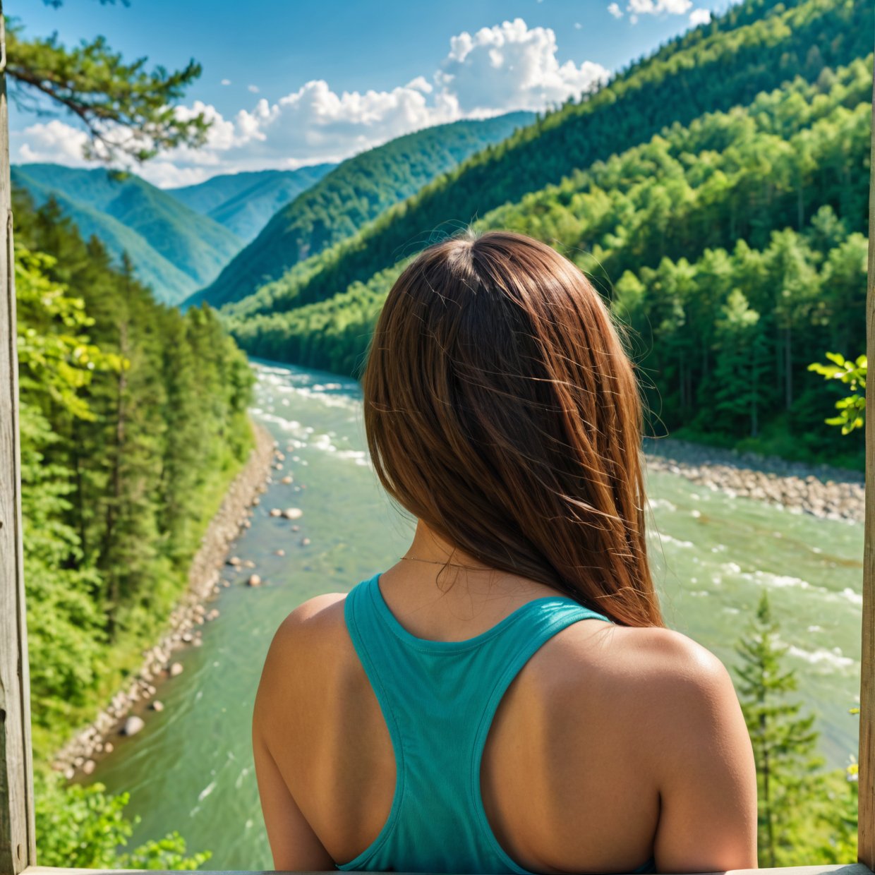 High Resolution, Masterpiece, High Quality, High Definition, Focus on Face of One Young Woman, Human Figure, Overlooking Large Forest from Back, Mountain Landscape, Forest, Nature, River,realistic