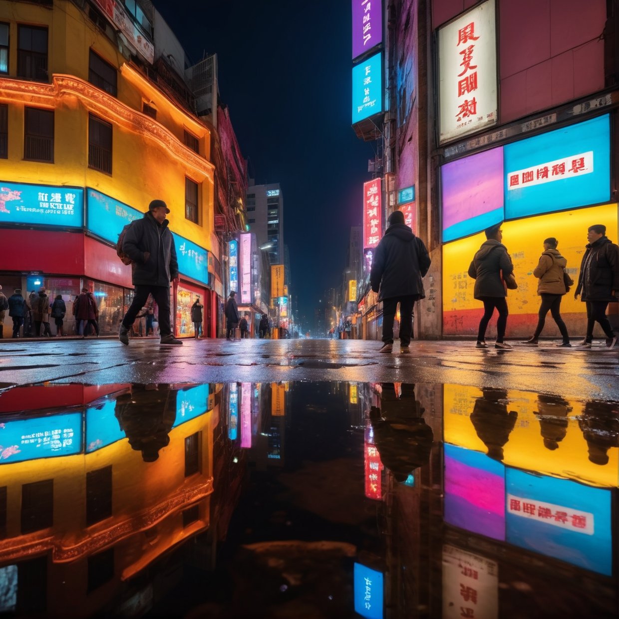 city,people,night,(best quality,4k,8k,highres,masterpiece:1.2),portrait,urban,surreal,detailed buildings,shining lights,neon signs,vibrant colors,street scene,lively atmosphere,exciting energy,bustling crowds,dynamic motion,nightlife,evocative shadows,reflection in puddles,contrast,busy traffic,mysterious alleyways,architecture details,moody ambience,moonlit sky,cityscape silhouette,artistic composition,movement,urban exploration,authenticity,lifelike portrait,expressive faces,storytelling,diversity and inclusivity,interactions,dynamic street photography,raw emotions,realistic textures,city lights reflecting on wet streets,blurred motion of passing cars,glowing skyscrapers,exploring the unknown corners of the city,unique characters,hidden stories to discover,nighttime adventures in the city that never sleeps.