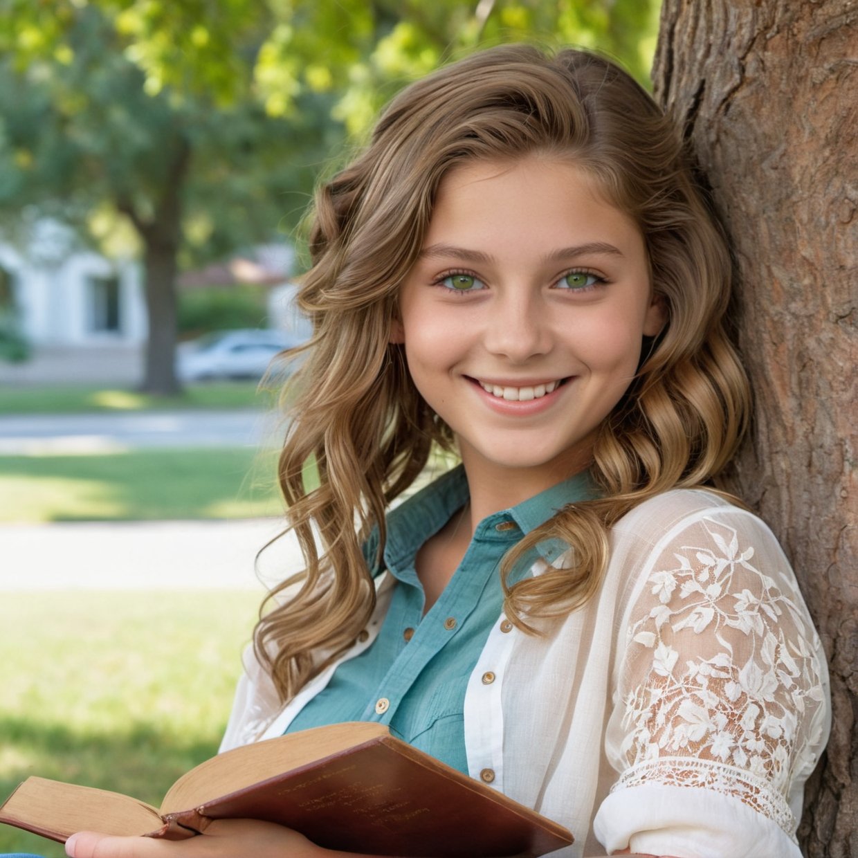 masterpiece, best quality, ultra-detailed), portrait of an 18-year-old woman with light brown hair, curled green eyes, beige blouse and blue jeans smiling blue shorts sung from under a tree (leaning against the tree) and reading a brown book -auto utra realistic --  