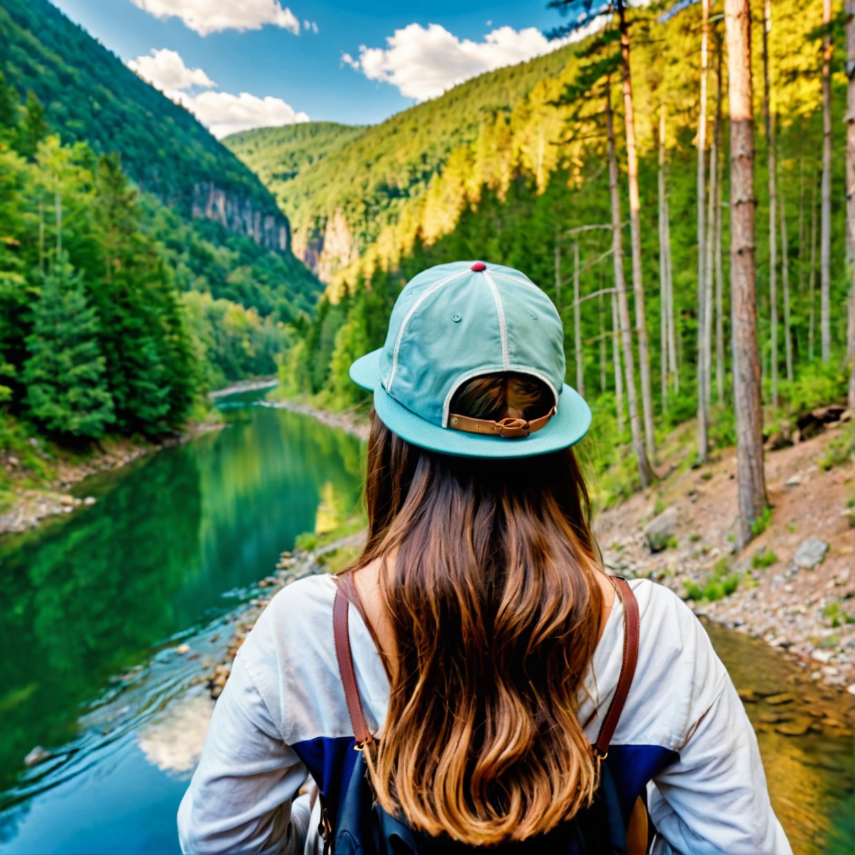 High Resolution, Masterpiece, High Quality, High Definition, Focus on Face of One Young Woman, Human Figure, Overlooking Large Forest from Back, Mountain Landscape, Forest, Nature, River,realistic