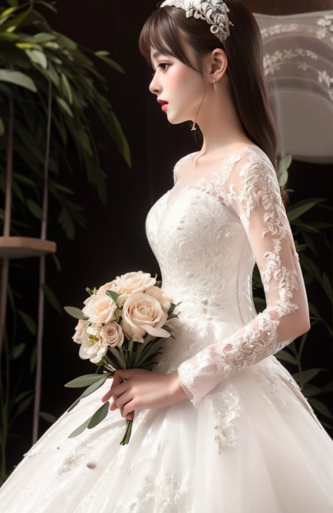 A slim beautifu bride with curvy shape, wearing (bridal dress:1.2), ball gowns, (covering shiny diamonds:1.3), show head, fine floral, fine lace, delicate necklace, (hairpin), long hair, black hair, catch light, standing, look at viewer,(half side view:1.2), (cowboy shot:1.1), masterpieces, best quality, high resolution, bright scene, soft color, low contrast, blurred background,