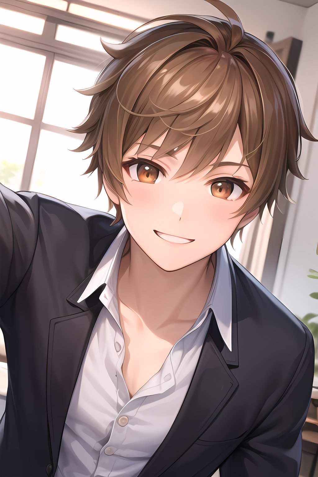 Looking at viewer, male_focus, upperbody, 1boy,
, skinny,hands down, close-up, smile, Kasel,Brown hair,Brown eyes, indoors, dress_shirt, 