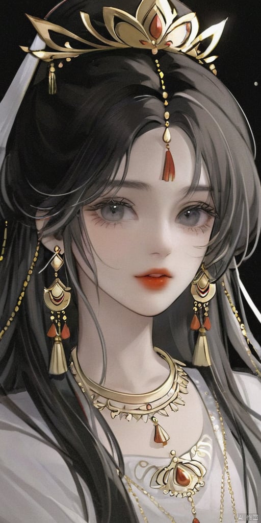 1girl, solo, long hair, looking at viewer, shirt, jewelry, white shirt, upper body, white hair, earrings, parted lips, lips, grey eyes, eyelashes, tassel, tassel earrings