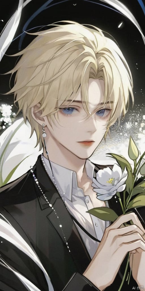 solo, looking at viewer, short hair, blue eyes, blonde hair, shirt, long sleeves, 1boy, holding, jewelry, closed mouth, white shirt, upper body, flower, male focus, earrings, black jacket, grey eyes, formal, plant, white flower, holding flower, bishounen