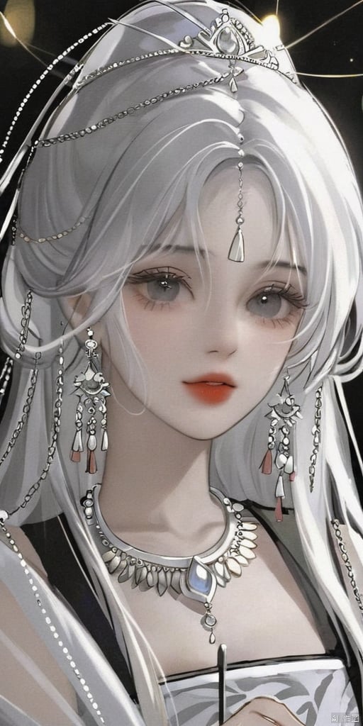 1girl, solo, long hair, looking at viewer, shirt, jewelry, white shirt, upper body, white hair, earrings, parted lips, lips, grey eyes, eyelashes, tassel, tassel earrings