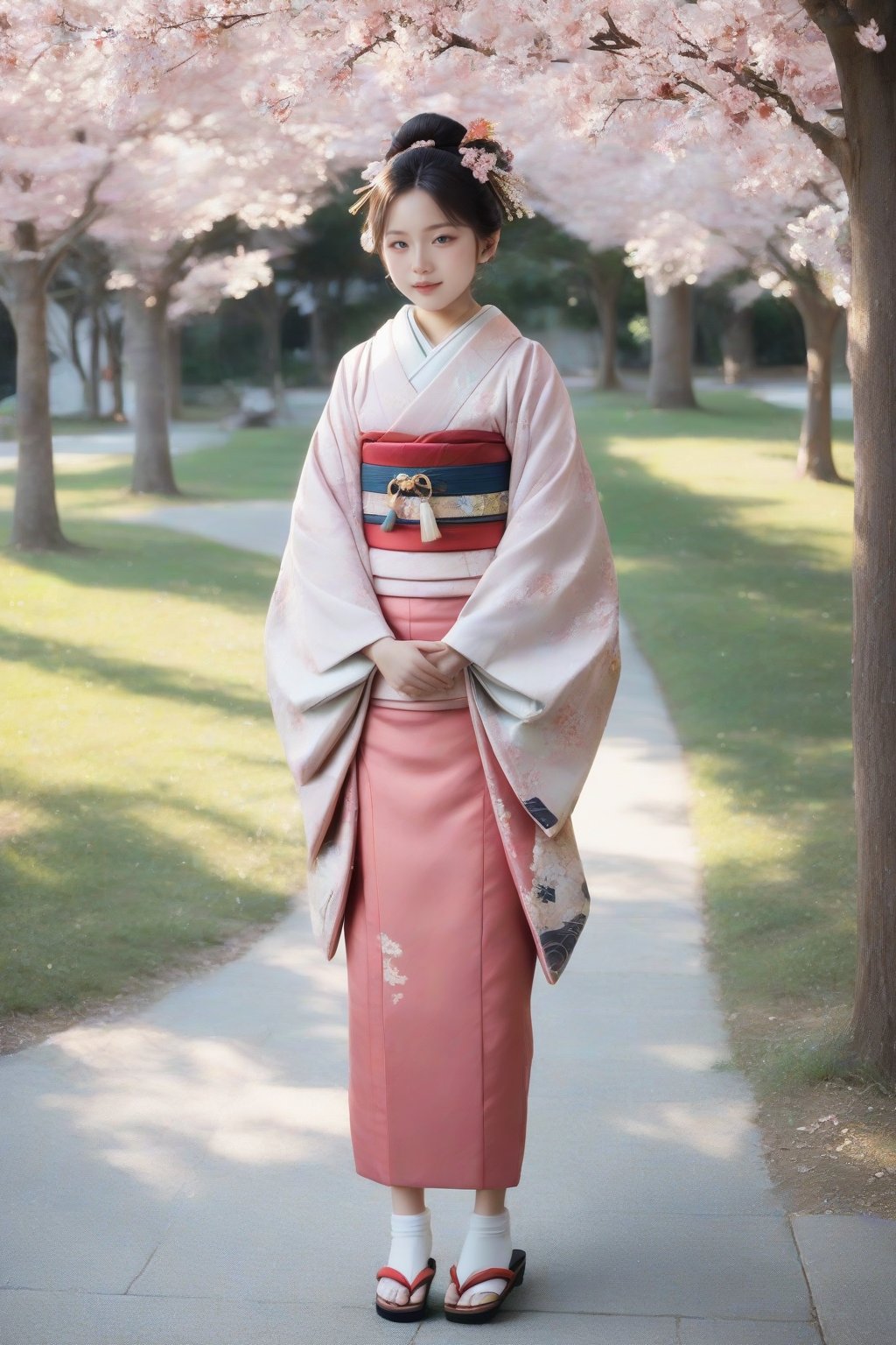 Score_9, Score_8_up, Score_7_up, Score_6_up, Score_5_up, Score_4_up, source_anime, masterpiece, best quality, ultra-detailed, ultra high res, photorealistic, RAW photo, realistic lighting, 
BREAK
full body, 1girl, solo, kimono, traditional japanese white socks, geta, traditional japanese sandals, FuturEvoLabKimono, FuturEvoLabgirl, cherry blossom tree, 