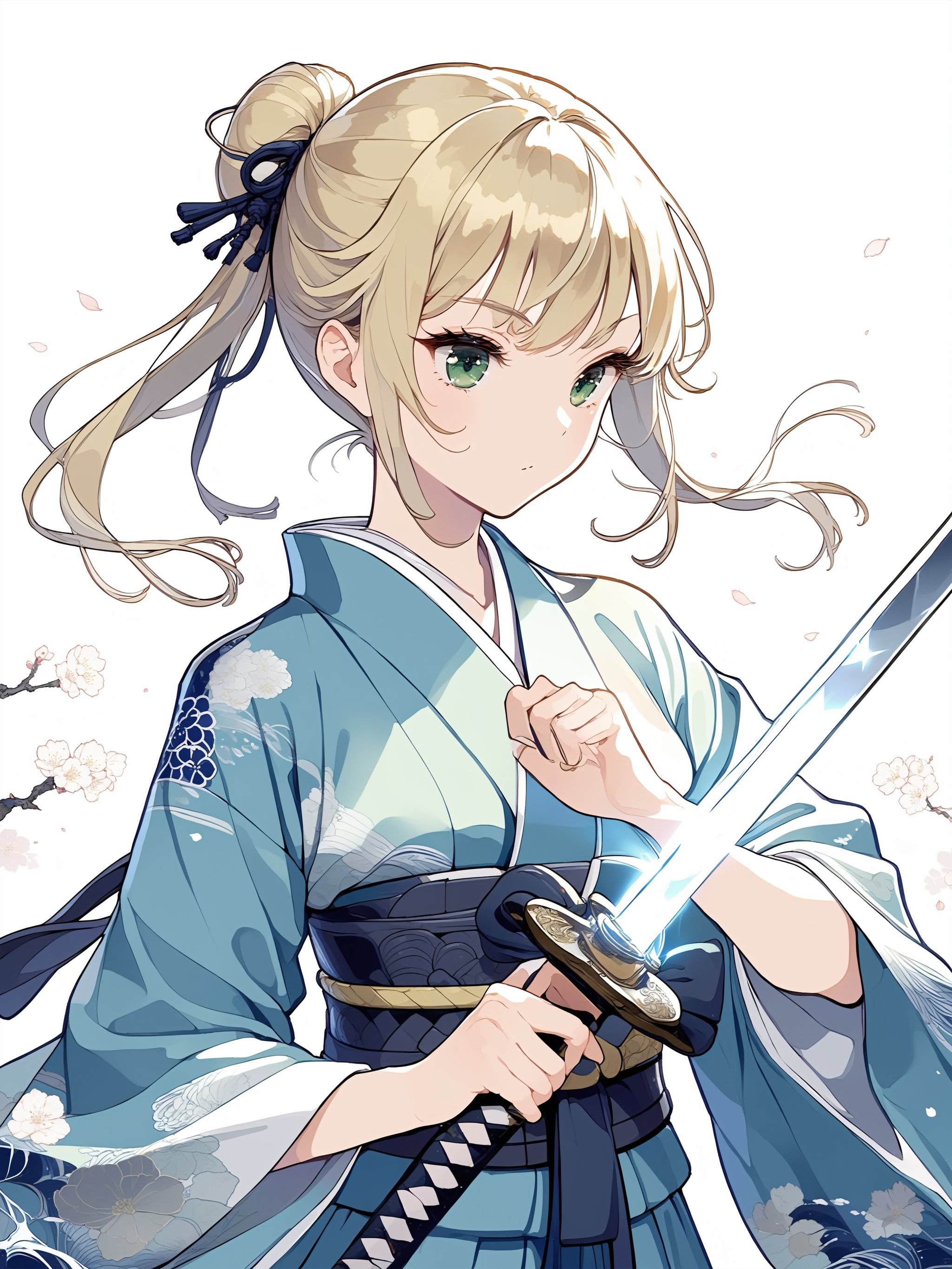 Illustration of a girl holding a Japanese sword in Japanese anime style.
The girl is holding a Japanese sword.
The girl is wearing a beautiful blue kimono.
The girl has beautifule blonde hair in twin-tails.
The girl has beautiful green eyes.
The blade of the sword is shining silver.
Her kimono has a beautiful traditional Japanese pattern.
This is a super detailed illustration!
masterpiece, top quality, aesthetic,Samurai_Girl