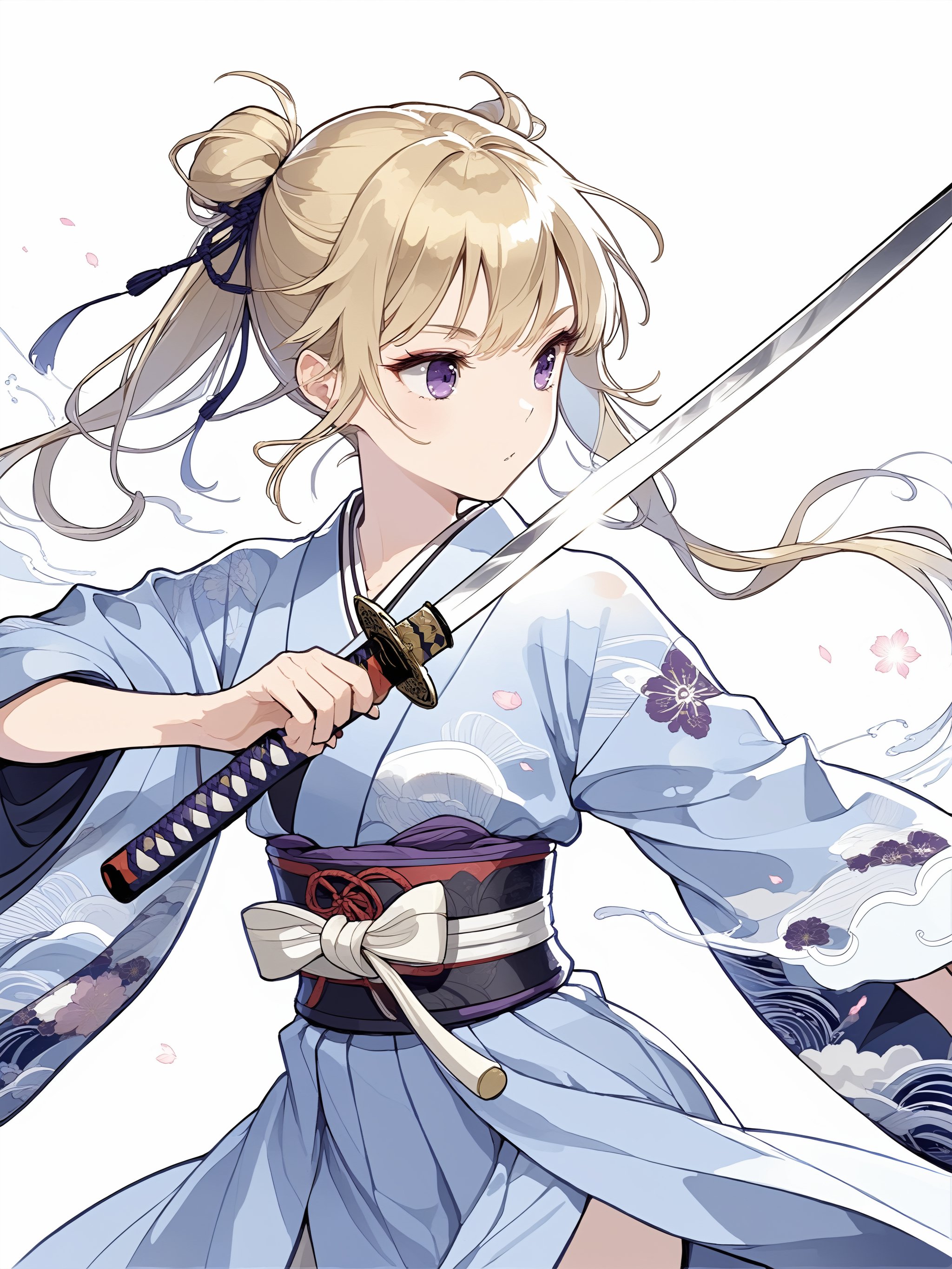 Illustration of a girl holding a Japanese sword in Japanese anime style.
The girl is holding a Japanese sword.
The girl is wearing a beautiful blue kimono.
The girl has beautifule blonde hair in twin-tails.
The girl has beautiful purple eyes.
The blade of the sword is shining silver.
Her kimono has a beautiful traditional Japanese pattern.
This is a super detailed illustration!
masterpiece, top quality, aesthetic,Samurai_Girl