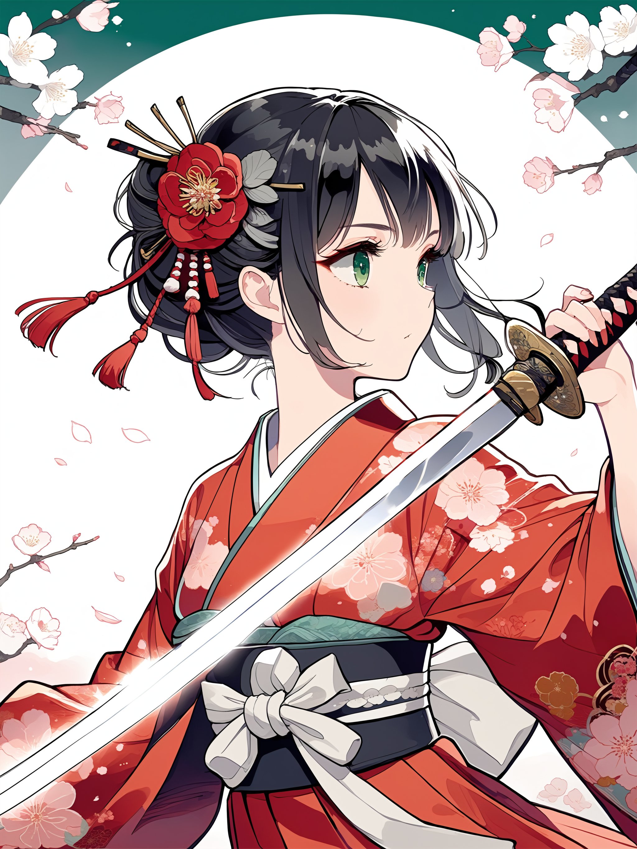 Illustration of a girl holding a Japanese sword in Japanese anime style.
The girl is carrying a Japanese sword on her shoulder.
The girl is wearing a beautiful red kimono.
She has long black hair and a flower hair ornament.
The girl has beautiful green eyes.
The blade of the sword is shining silver.
Her kimono is decorated with a flower pattern.
This is a super detailed illustration!
masterpiece, top quality, aesthetic,Samurai_Girl