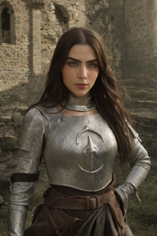 A cinematic, highly realistic, and detailed image of Jade Picon in a ruined medieval castle. Jade Picon is dressed as a medieval warrior, facing the viewer directly. The scene should have sharp, clear details with crumbling walls and a historical atmosphere.
