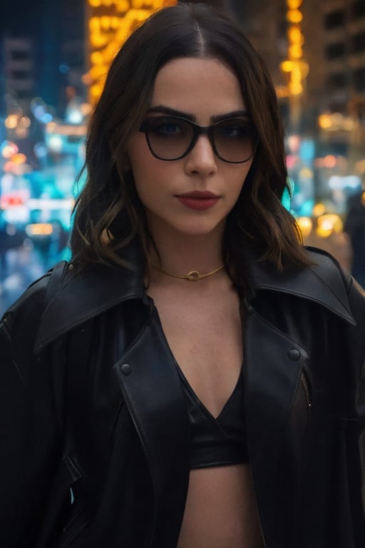 A cinematic, highly realistic, and detailed image of Jade Picon in a dark alley in a cyberpunk city. Jade Picon is wearing a leather jacket and AR glasses, facing the viewer directly. The scene should have sharp, clear details with neon lights and a gritty atmosphere.
