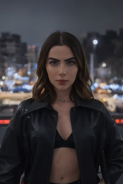 A highly realistic and detailed image of Jade Picon in a rock and roll theme. She is wearing a black leather jacket, black t-shirt, facing the viewer directly.. The scene should have sharp, clear details with a gritty, rebellious atmosphere. Cinematic style. 