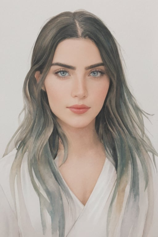 A detailed watercolor painting of Jade Picon. The artwork captures her in a serene and artistic style, with soft colors and fluid lines that highlight her features. 