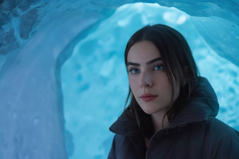 A cinematic, highly realistic, and detailed image of Jade Picon in an ice cave. Jade Picon is exploring ice formations with a lantern, facing the viewer directly. The scene should have sharp, clear details with a cold, blue glow.
